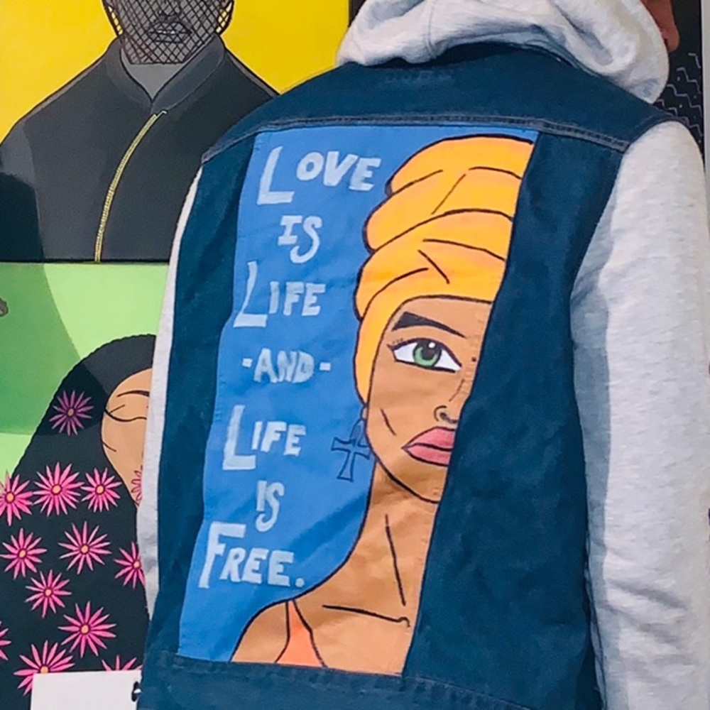 Erykah Badu Custom Painted Denim & Fleece Jacket M